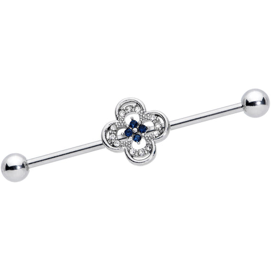 14 Gauge Blue Gem Stylized Deco Cross Industrial Barbell 38mm