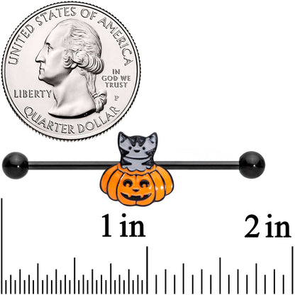 14 Gauge Black Tabby Cat Pumpkin Halloween Industrial Barbell 38mm