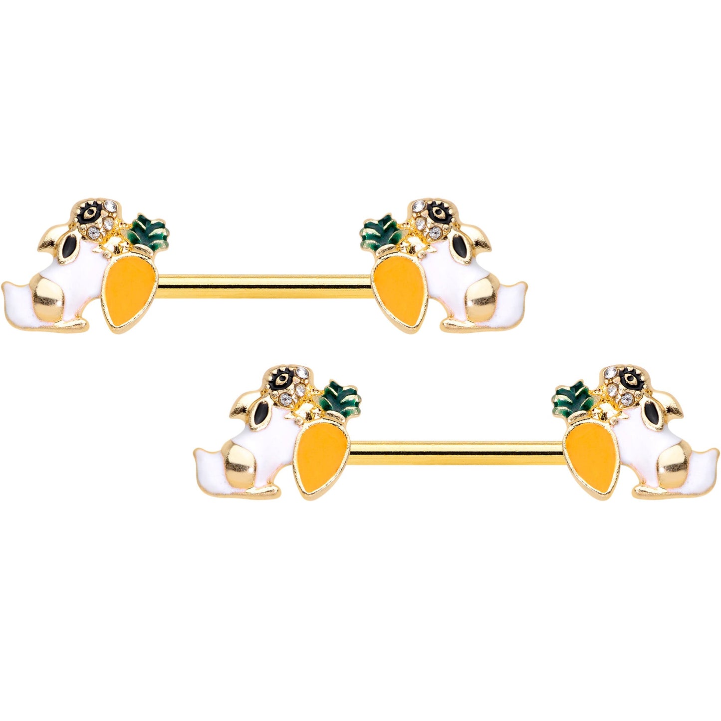 14 Gauge 9/16 Clear Gem Gold Tone Carrot Bunny Barbell Nipple Ring Set