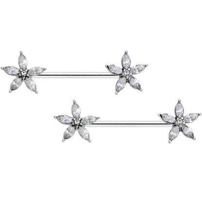 14 Gauge 9/16 Clear Gem Starry Flower Barbell Nipple Ring Set