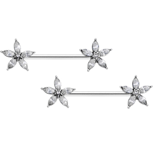 14 Gauge 9/16 Clear Gem Starry Flower Barbell Nipple Ring Set