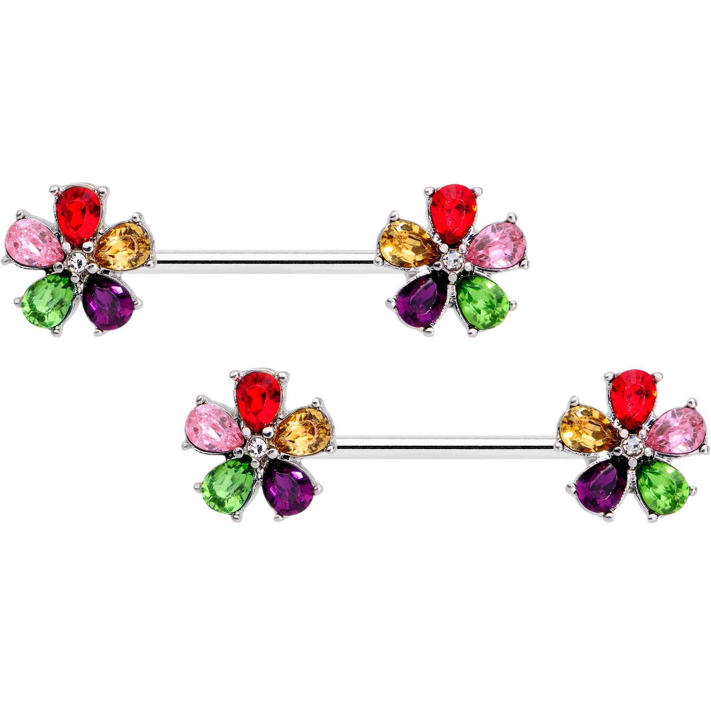 14 Gauge 9/16 Rainbow Gem Fabulous Flowers Barbell Nipple Ring Set