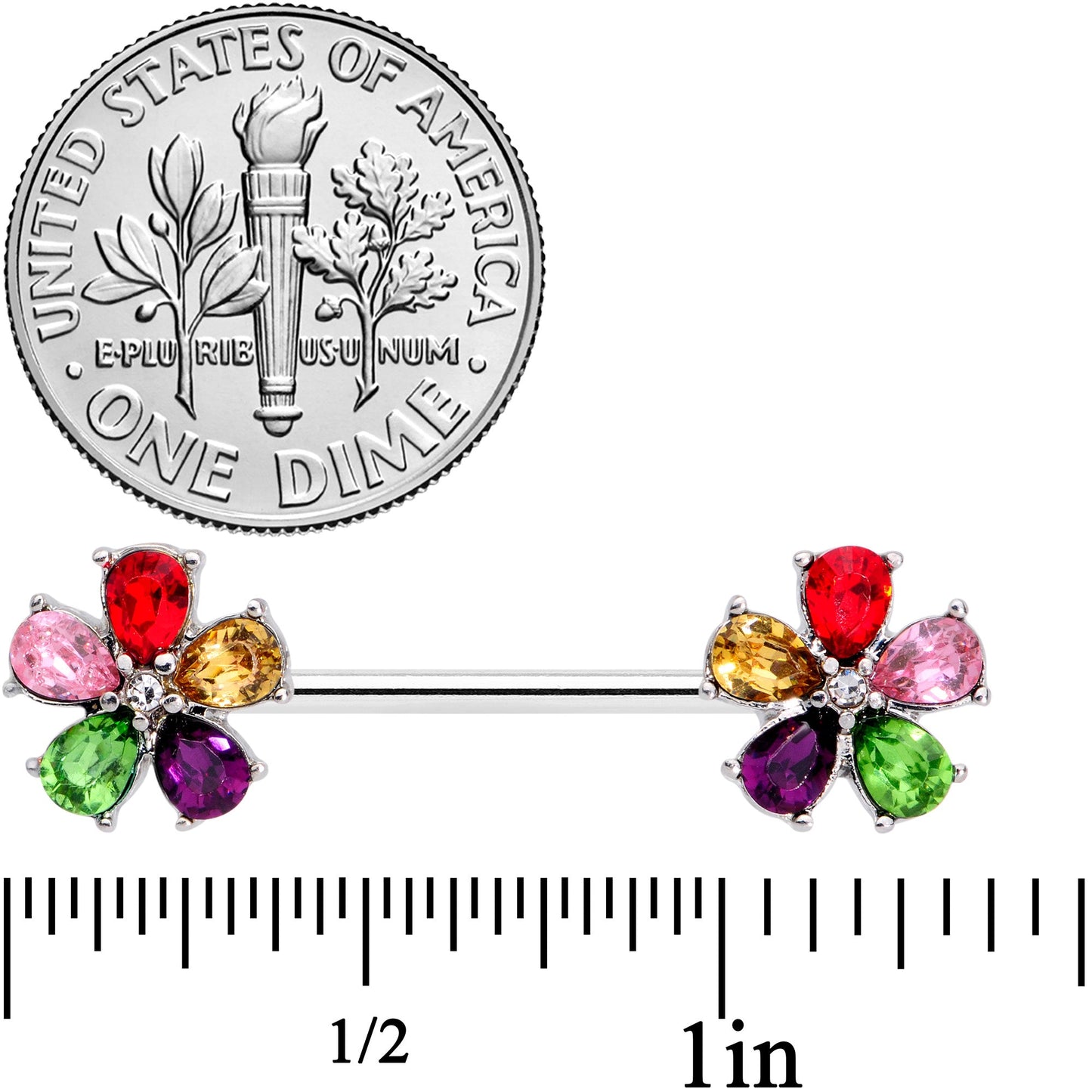 14 Gauge 9/16 Rainbow Gem Fabulous Flowers Barbell Nipple Ring Set