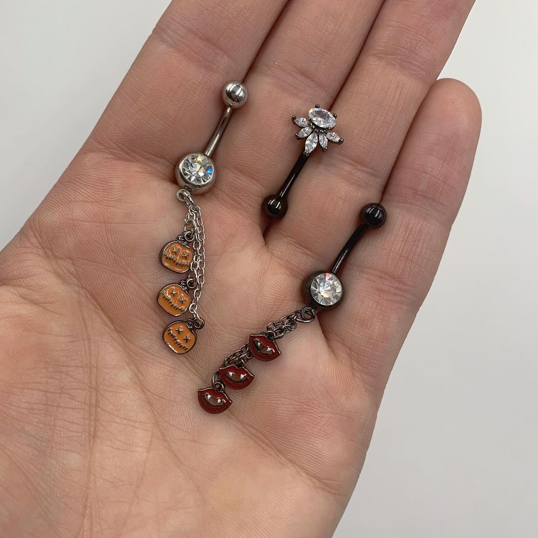 Clear Gem Vampire Fangs Halloween Dangle Belly Ring