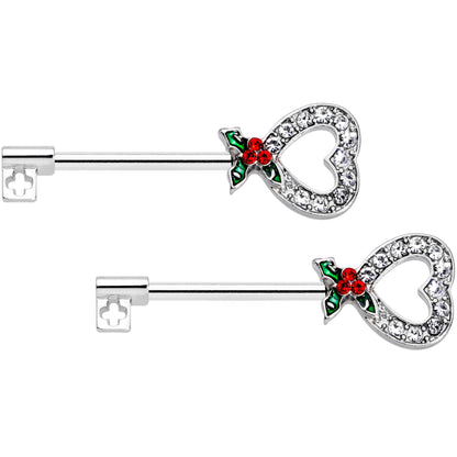 14 Gauge 9/16 Clear Gem Holiday Holly Key Heart Barbell Nipple Ring Set