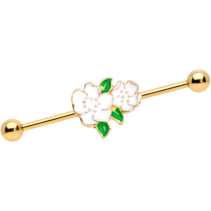 14 Gauge Gold Tone White Gardenia Flower Industrial Barbell 38mm