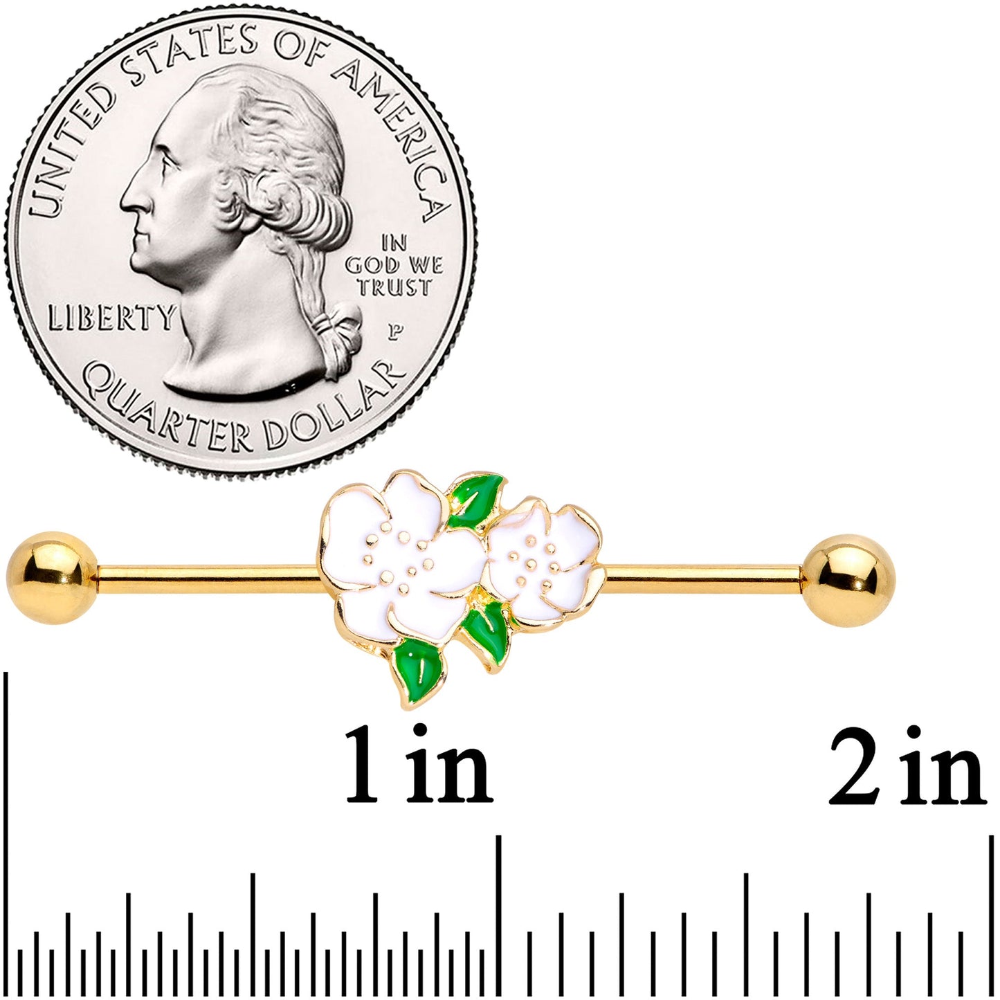 14 Gauge Gold Tone White Gardenia Flower Industrial Barbell 38mm