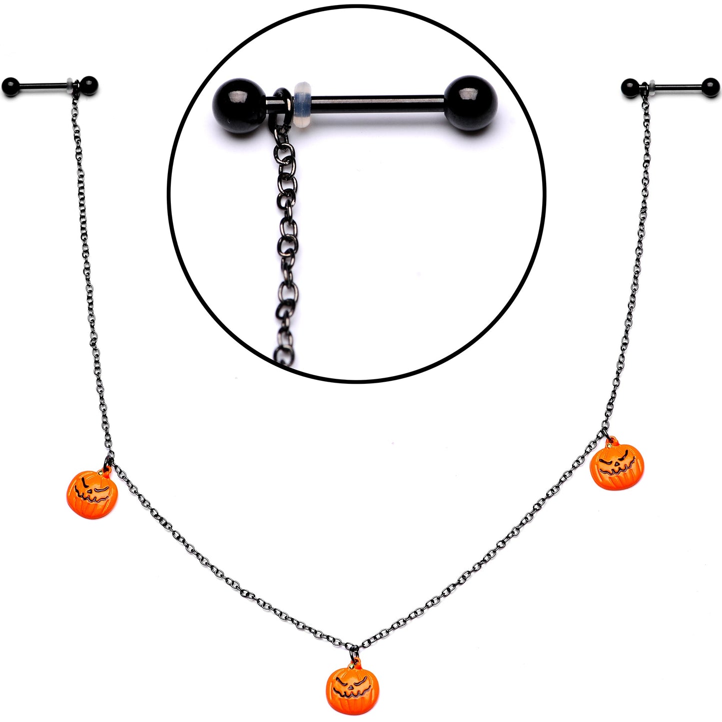 14 Gauge 9/16 Black Orange Pumpkin Halloween Dangle Nipple Chain