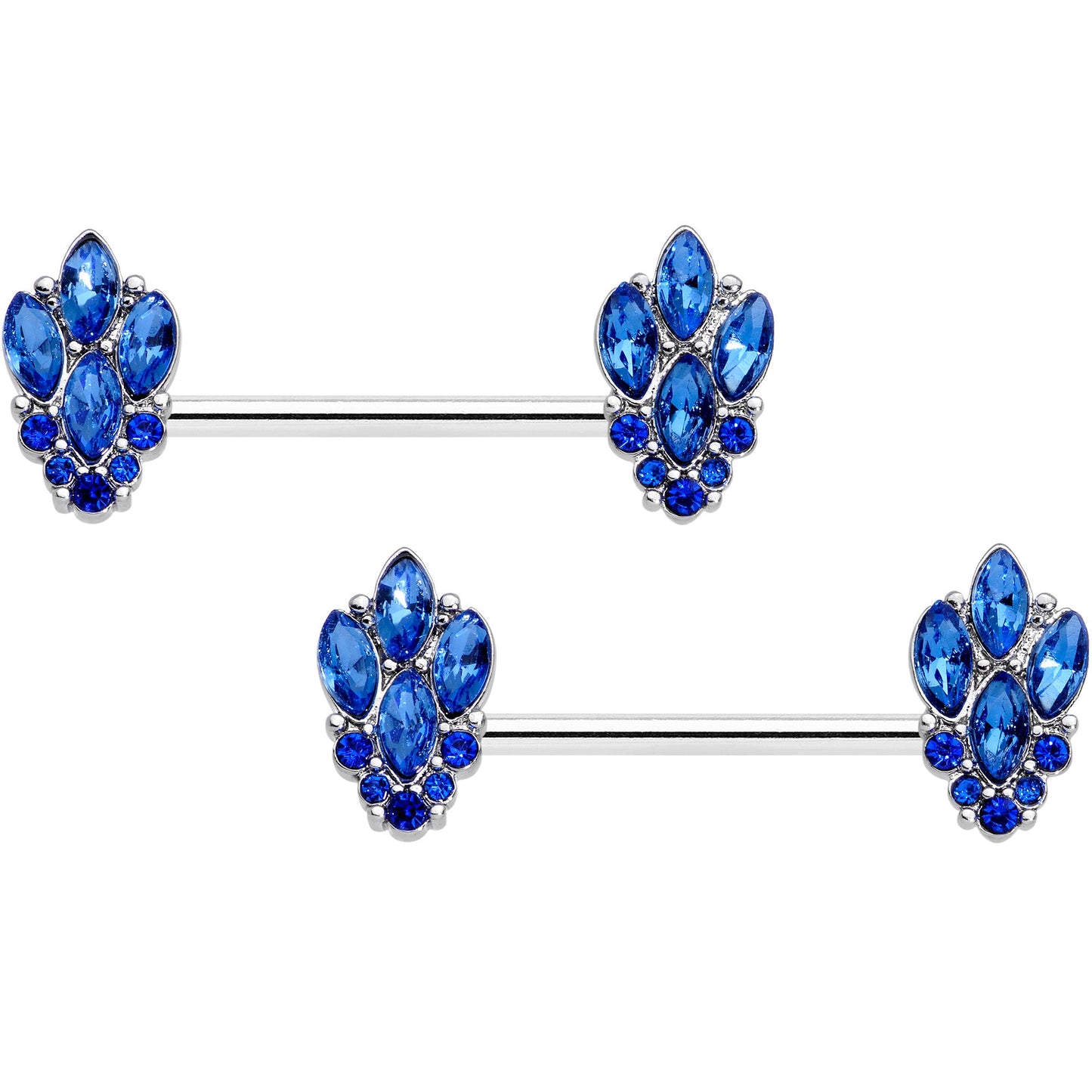 14 Gauge 9/16 Blue CZ Gem Fountain Barbell Nipple Ring Set