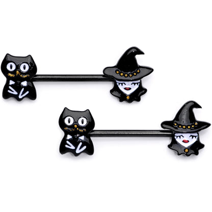 14 Gauge 9/16 Black Cat Pretty Witch Halloween Barbell Nipple Ring Set