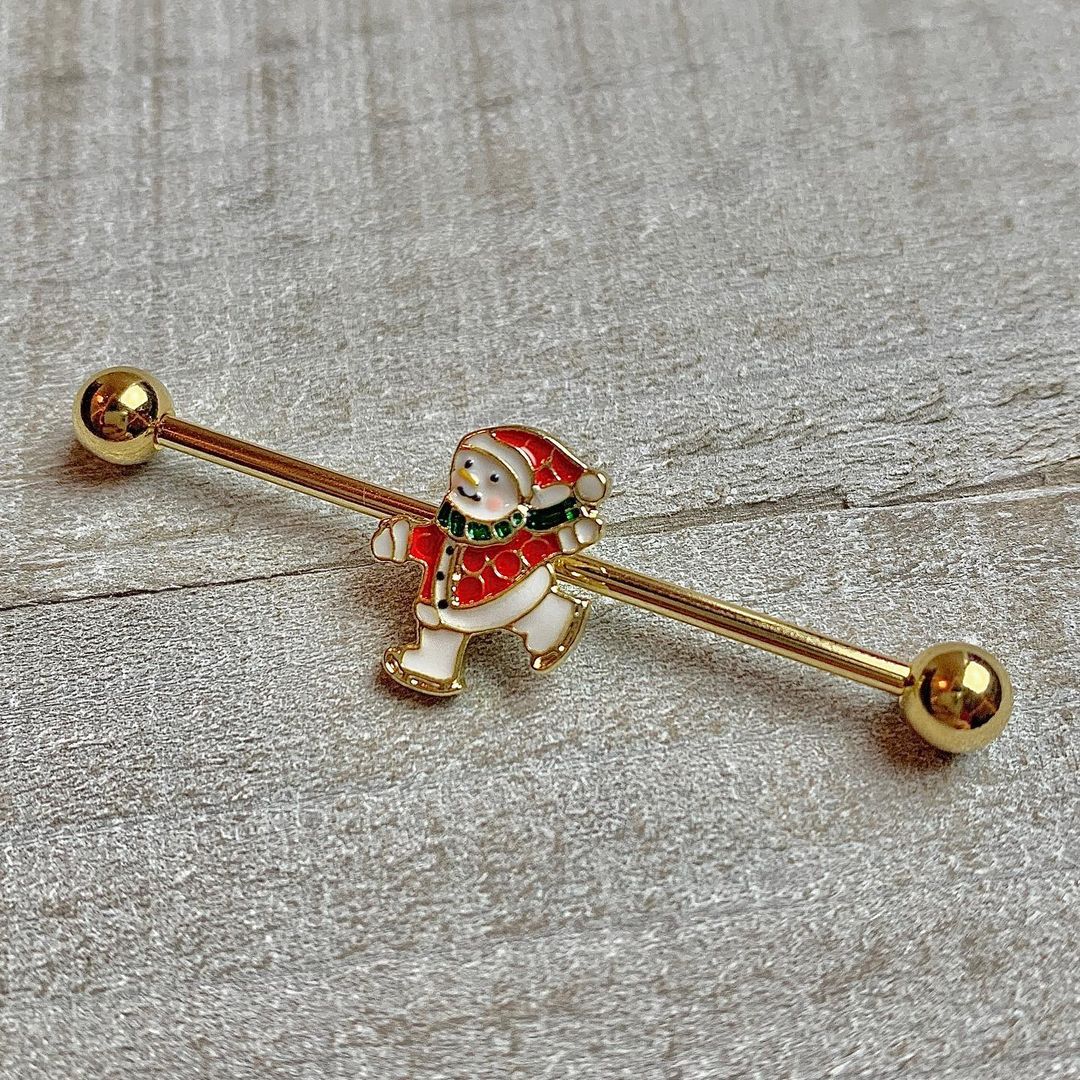 14 Gauge Gold Tone Skating Snowman Christmas Industrial Barbell 38mm