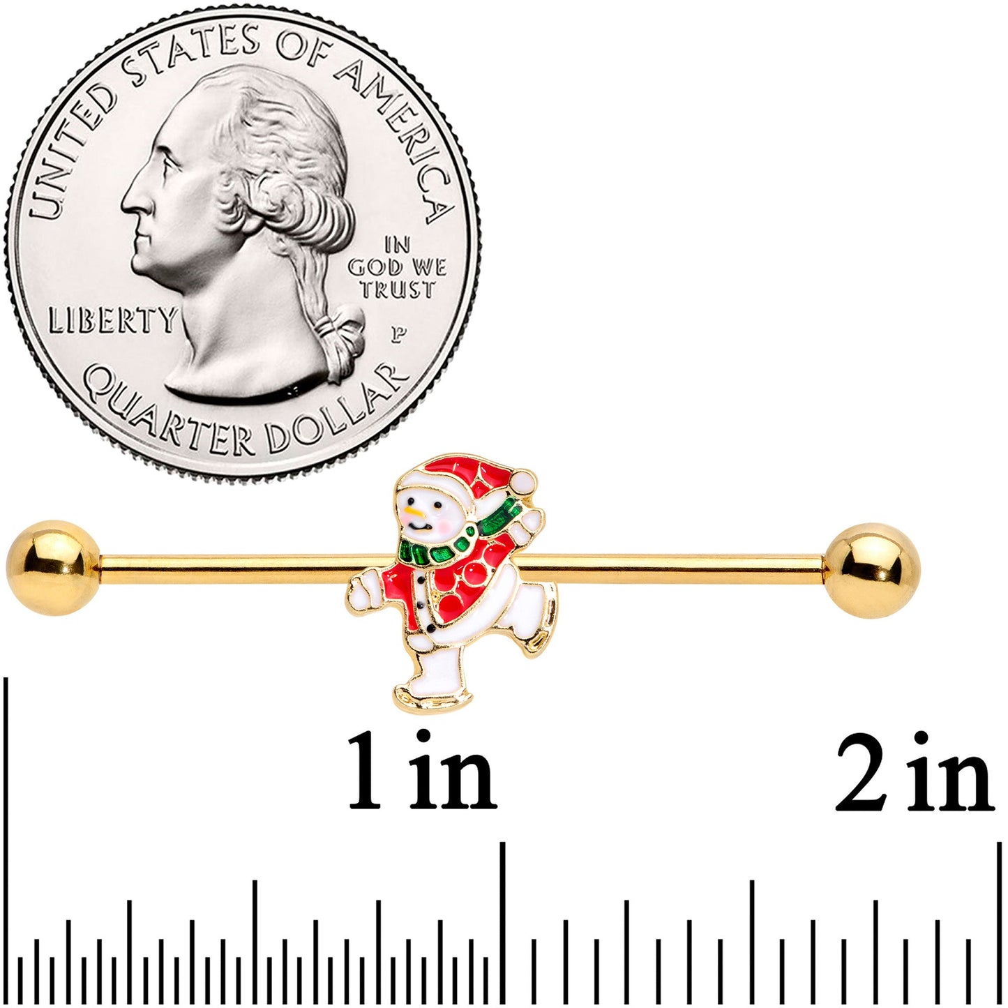 14 Gauge Gold Tone Skating Snowman Christmas Industrial Barbell 38mm