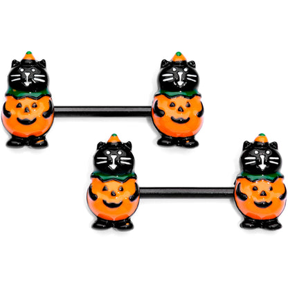 14 Gauge 9/16 Black Cat Pumpkin Halloween Barbell Nipple Ring Set