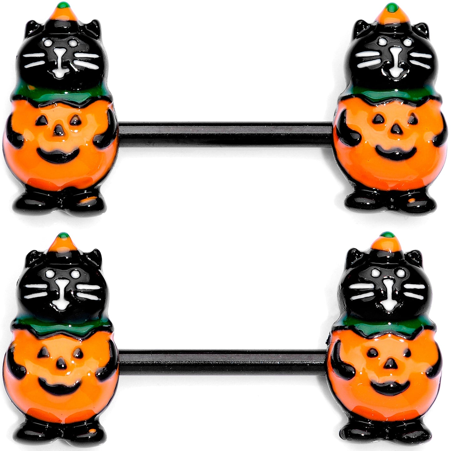 14 Gauge 9/16 Black Cat Pumpkin Halloween Barbell Nipple Ring Set