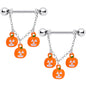 14 Gauge 9/16 Pumpkin Halloween Chain Dangle Nipple Ring Set