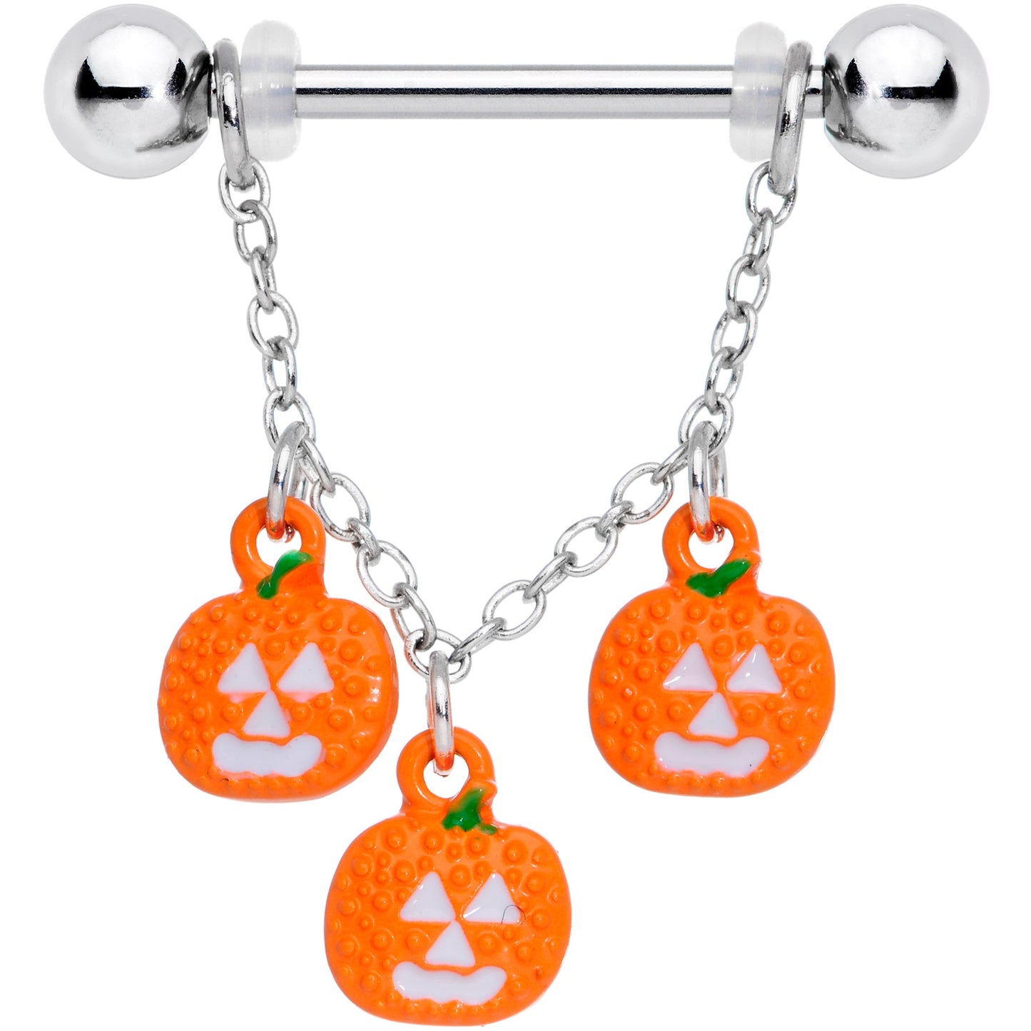 14 Gauge 9/16 Pumpkin Halloween Chain Dangle Nipple Ring Set