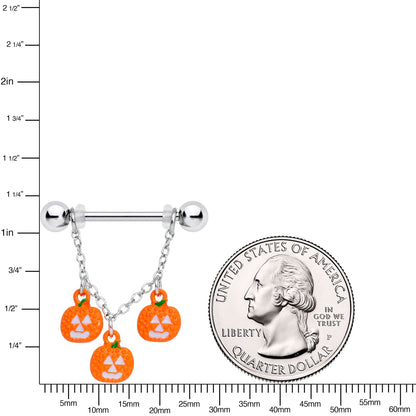 14 Gauge 9/16 Pumpkin Halloween Chain Dangle Nipple Ring Set