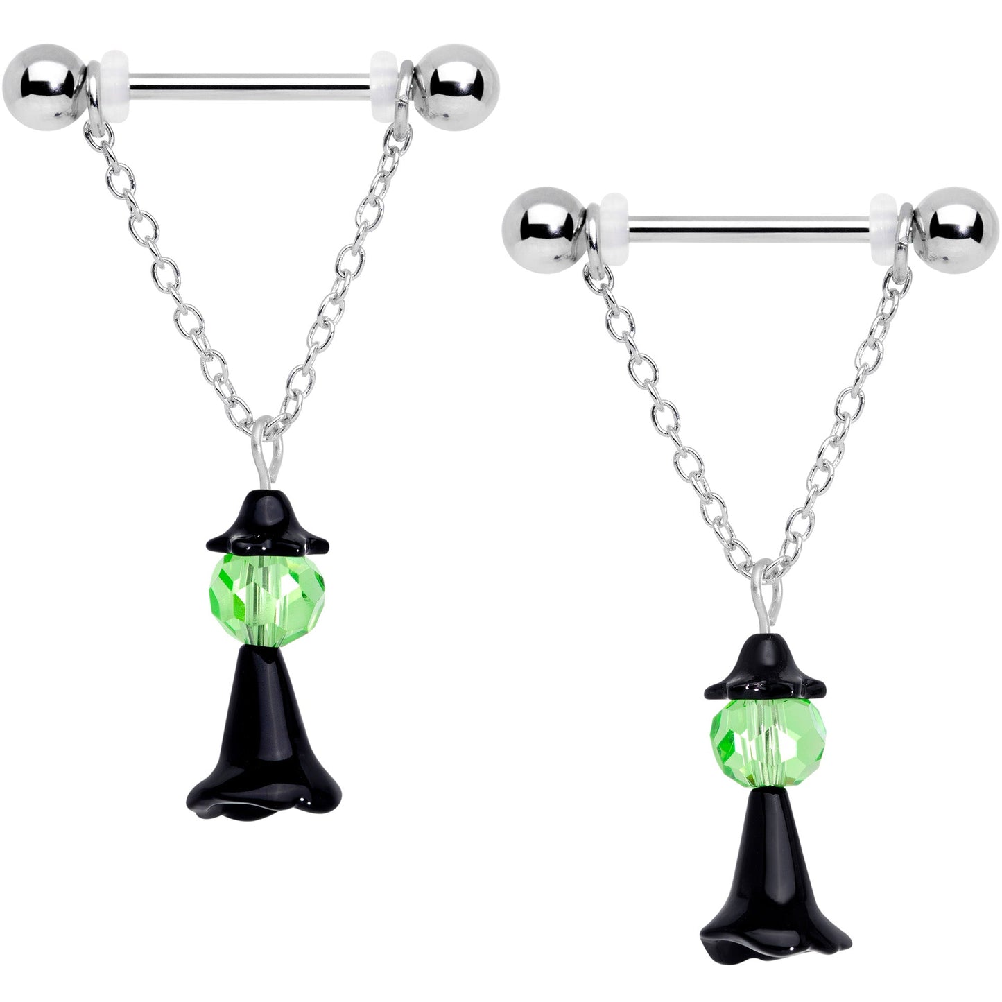 14 Gauge 11/16 Green Gem Spooky Witch Halloween Dangle Nipple Ring Set