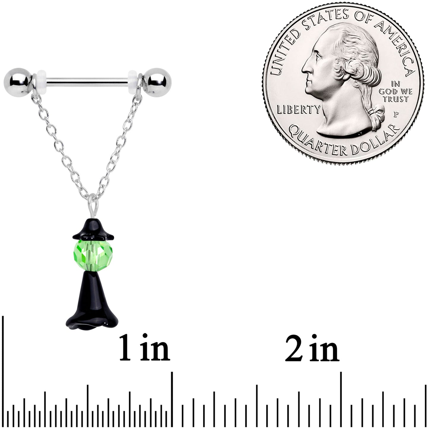 14 Gauge 11/16 Green Gem Spooky Witch Halloween Dangle Nipple Ring Set