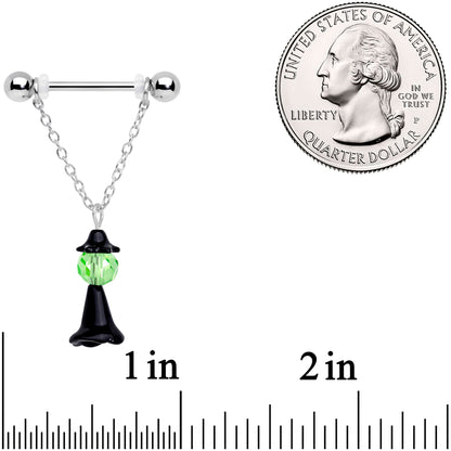 14 Gauge 11/16 Green Gem Spooky Witch Halloween Dangle Nipple Ring Set