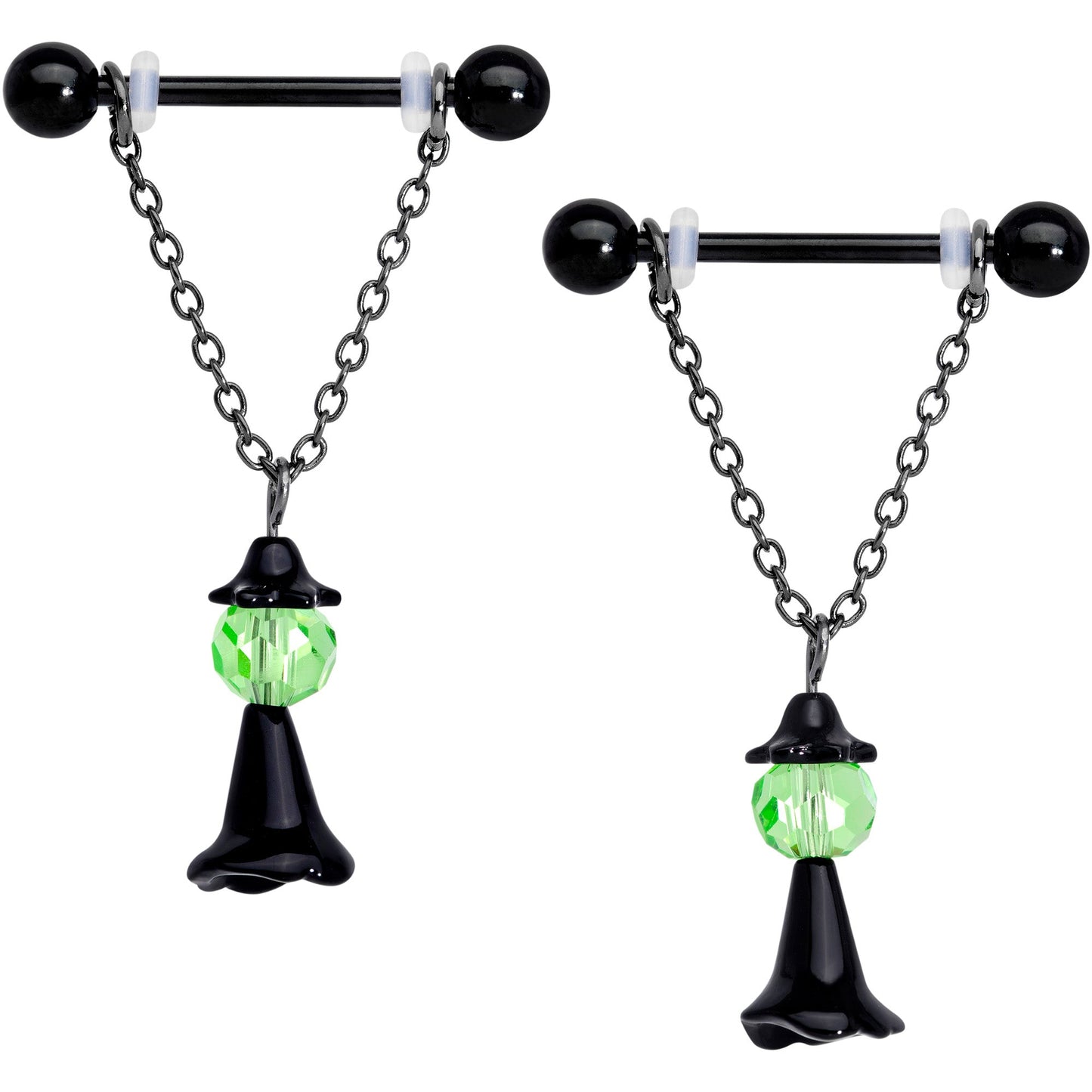 14 Gauge 11/16 Green Gem Black Witch Halloween Dangle Nipple Ring Set