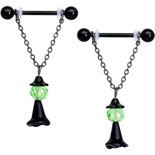 14 Gauge 11/16 Green Gem Black Witch Halloween Dangle Nipple Ring Set