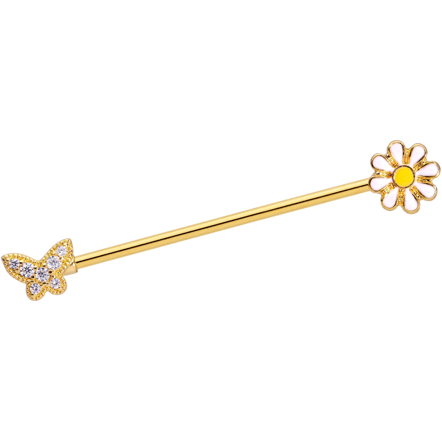 14 Gauge Clear Gem Gold Tone Butterfly Daisy `Industrial Barbell 38mm