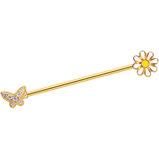 14 Gauge Clear Gem Gold Tone Butterfly Daisy `Industrial Barbell 38mm