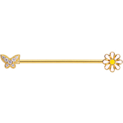 14 Gauge Clear Gem Gold Tone Butterfly Daisy `Industrial Barbell 38mm