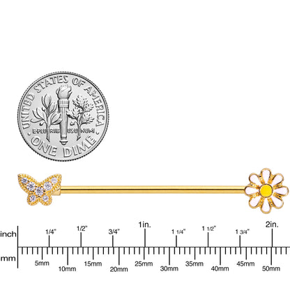 14 Gauge Clear Gem Gold Tone Butterfly Daisy `Industrial Barbell 38mm