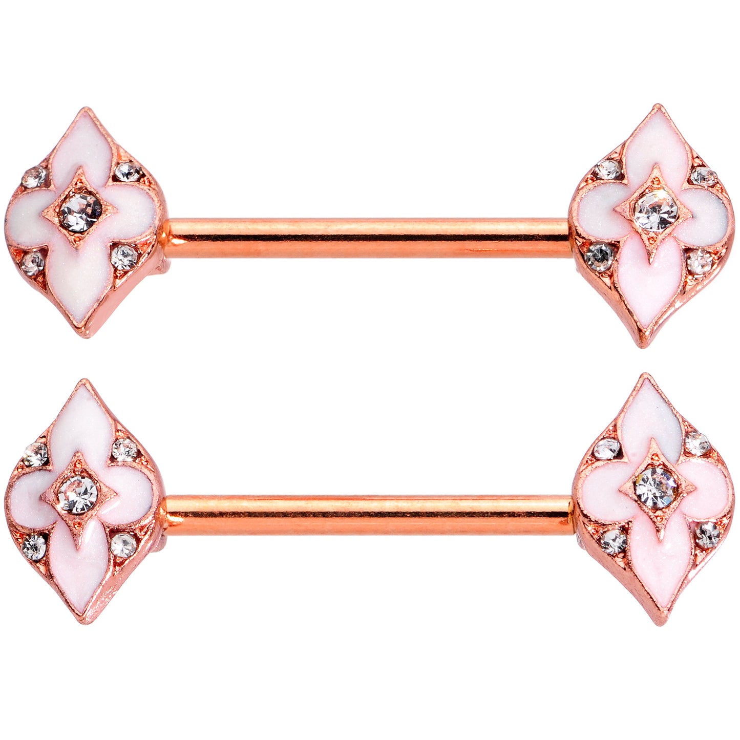 14 Gauge 9/16 Clear Gem Rose Gold Tone Pink Cross Nipple Ring Set