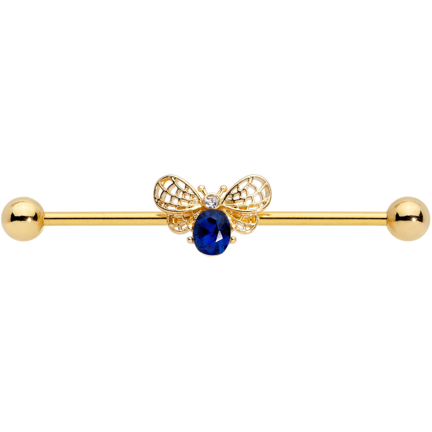 14 Gauge Blue Gem Gold Tone Beautiful Bee Industrial Barbell 38mm