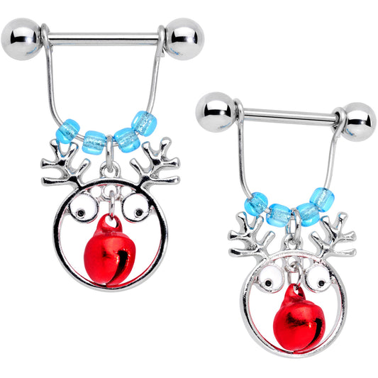 14 Gauge 9/16 Blue Red Bell Reindeer Christmas Dangle Nipple Ring Set