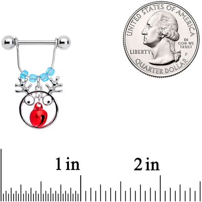 14 Gauge 9/16 Blue Red Bell Reindeer Christmas Dangle Nipple Ring Set