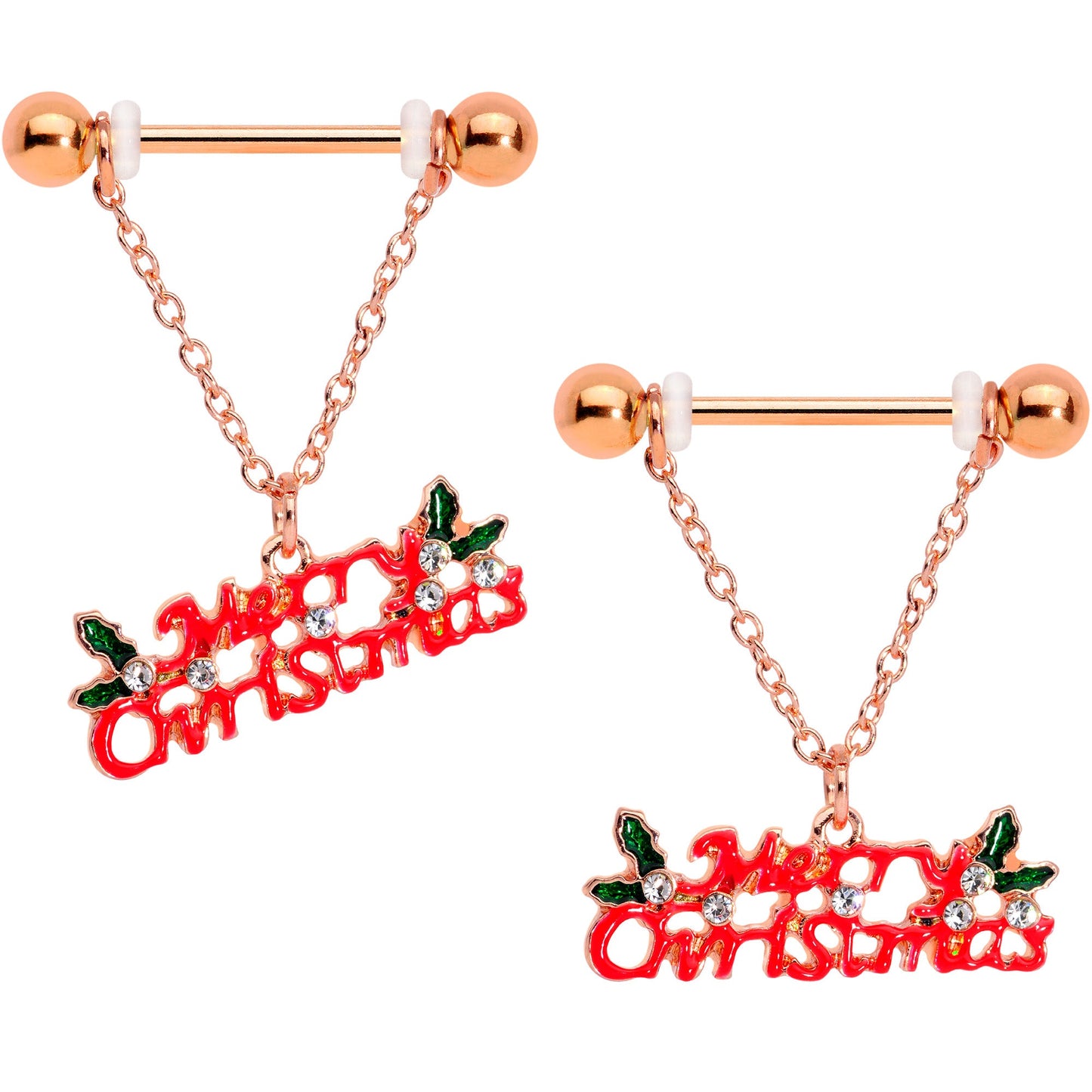 14 Gauge 11/16 Clear Gem Rose Gold Hue Merry Christmas Nipple Ring Set