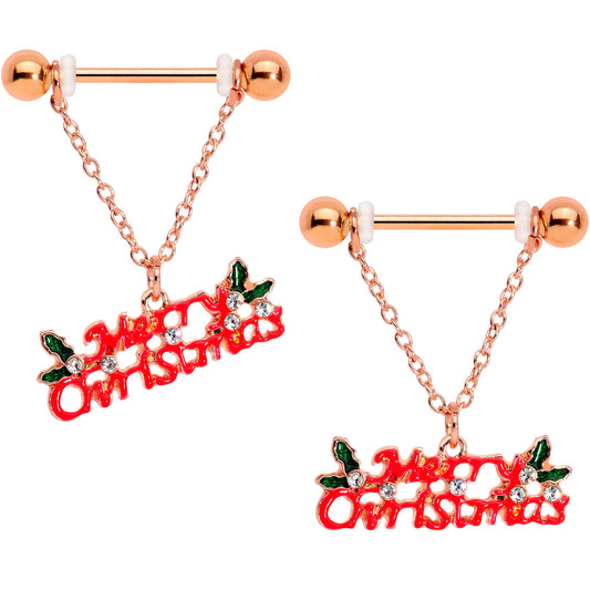 14 Gauge 11/16 Clear Gem Rose Gold Hue Merry Christmas Nipple Ring Set