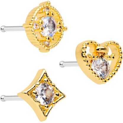 20 Gauge 1/4 Clear CZ Gem Gold Tone Circle Heart Nose Bone Set of 3