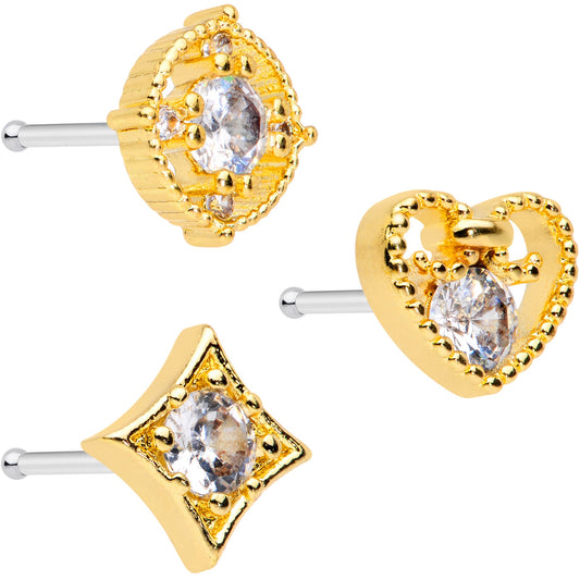 20 Gauge 1/4 Clear CZ Gem Gold Tone Circle Heart Nose Bone Set of 3