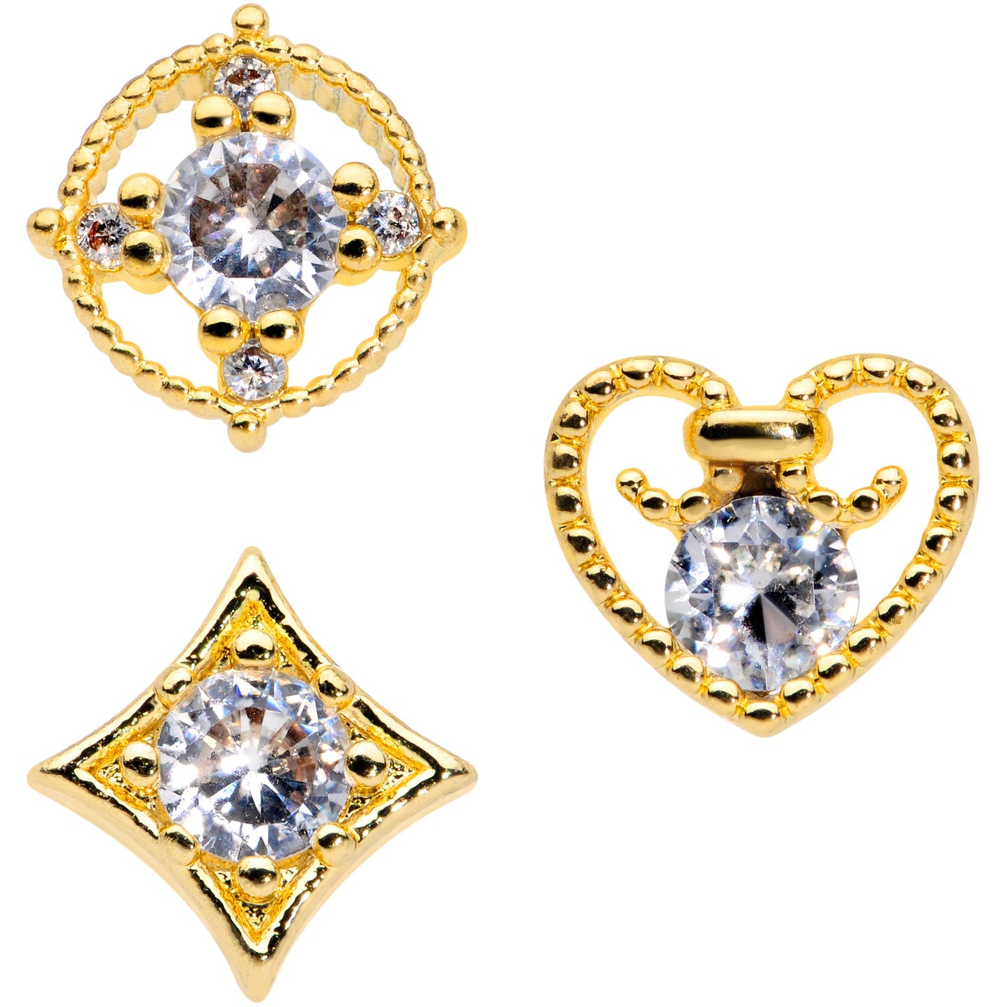 20 Gauge 1/4 Clear CZ Gem Gold Tone Circle Heart Nose Bone Set of 3