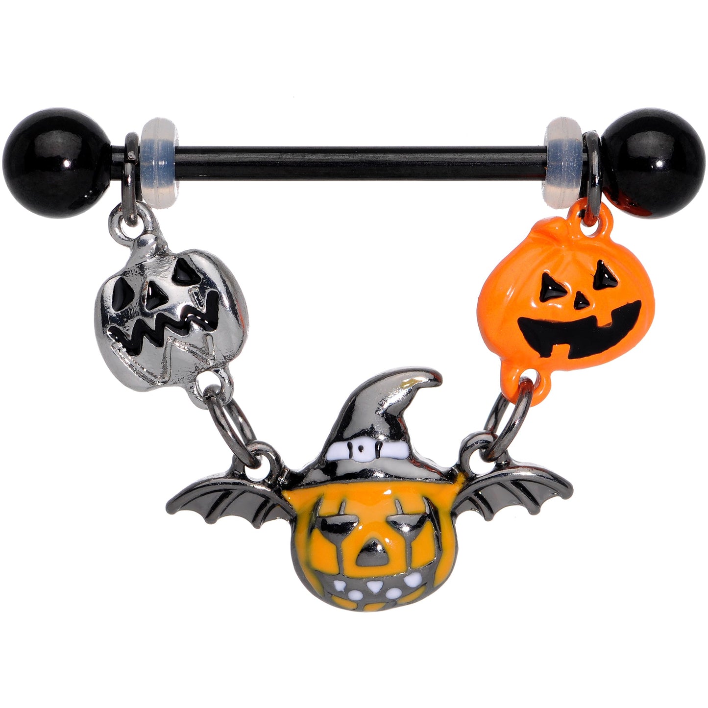 14 Gauge 7/8 Black Pumpkin Trio Halloween Dangle Nipple Ring Set