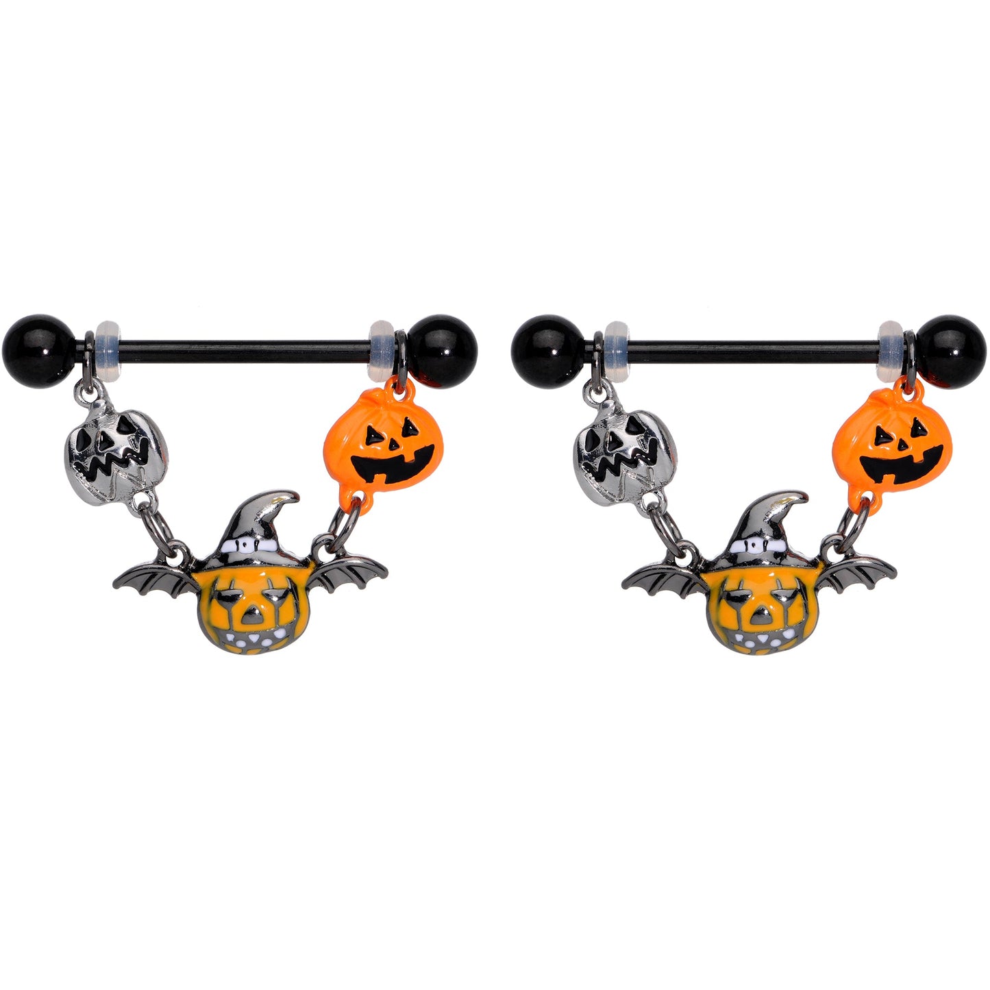 14 Gauge 7/8 Black Pumpkin Trio Halloween Dangle Nipple Ring Set