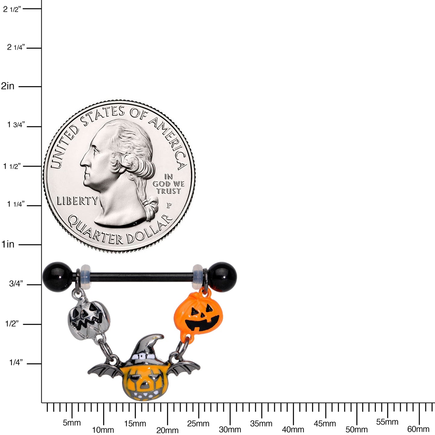 14 Gauge 7/8 Black Pumpkin Trio Halloween Dangle Nipple Ring Set