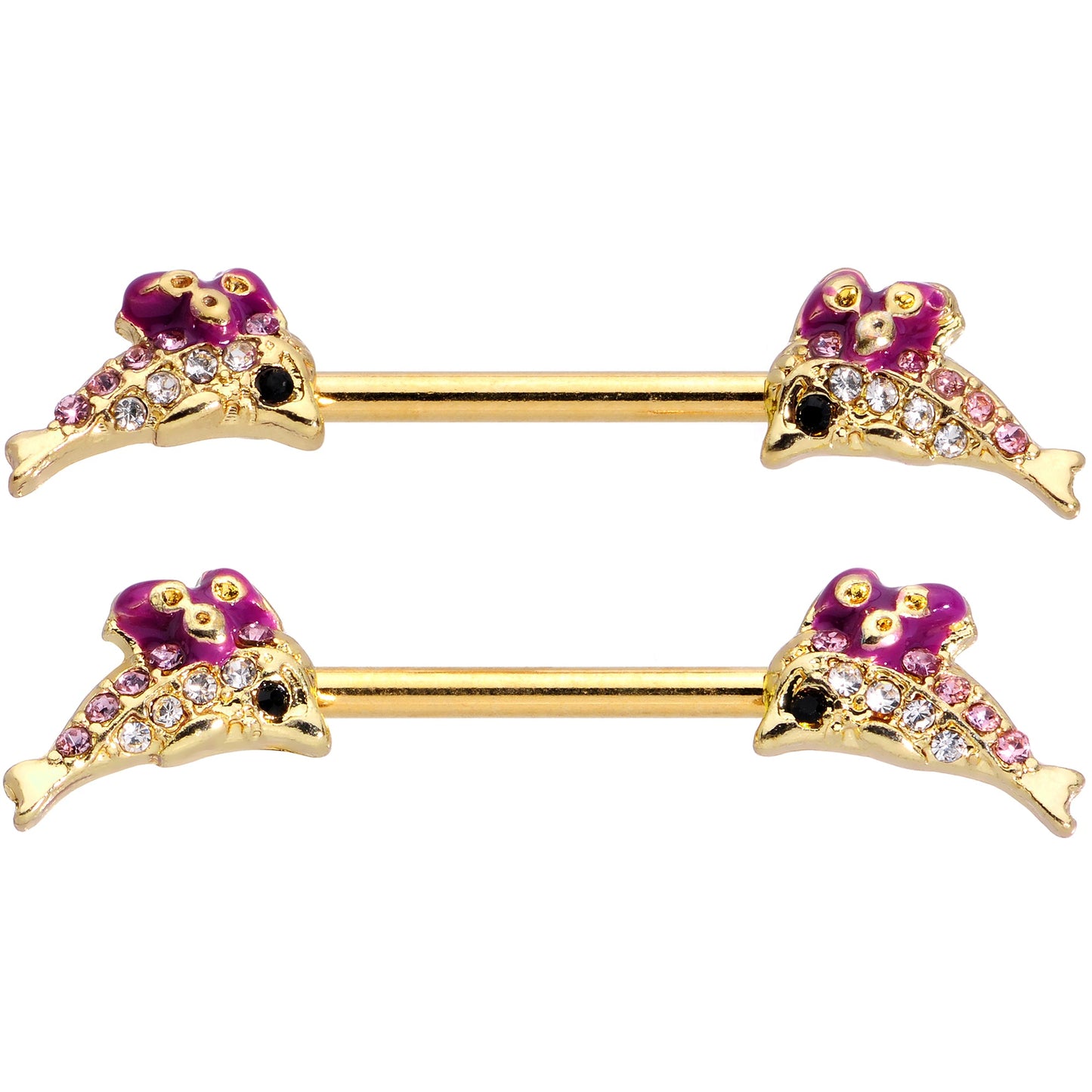 14 Gauge 9/16 Clear Purple Gem Gold Hue Dainty Dolphin Nipple Ring Set