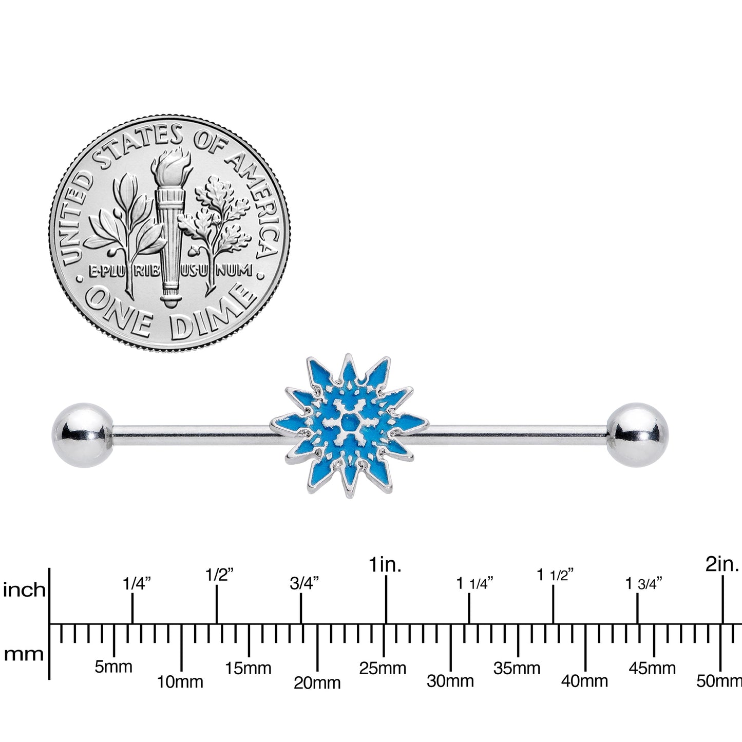 14 Gauge Blue Winter Snowflake Christmas Industrial Barbell 38mm