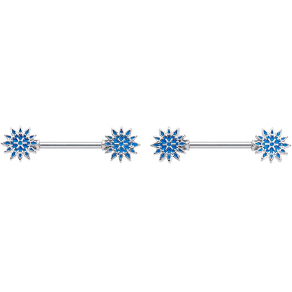 14 Gauge 9/16 Blue Winter Snowflake Christmas Barbell Nipple Ring Set