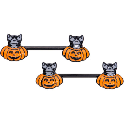 14 Gauge 9/16 Black Cat Surprise Pumpkin Halloween Nipple Ring Set