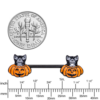 14 Gauge 9/16 Black Cat Surprise Pumpkin Halloween Nipple Ring Set