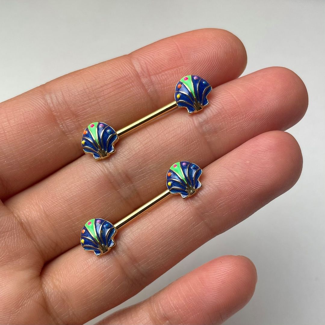 14 Gauge 9/16 Gold Tone Blue Shells Barbell Nipple Ring Set