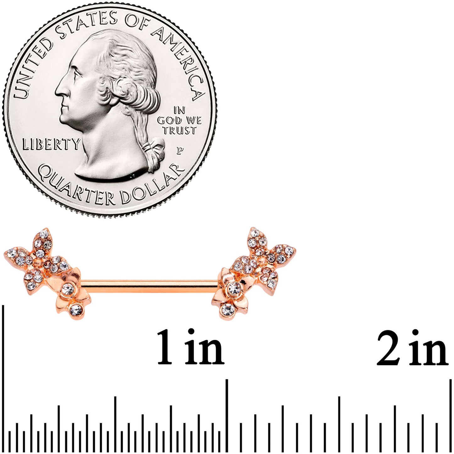 14 Gauge 9/16 Clear Gem Rose Gold Tone Butterfly Duo Nipple Ring Set