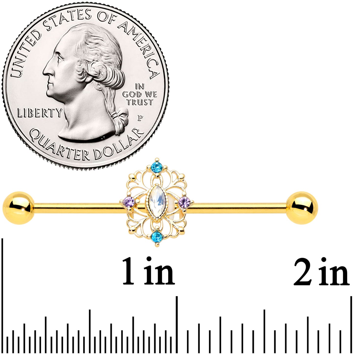 14 Gauge White Synthetic Opal Gold Tone Web Industrial Barbell 38mm